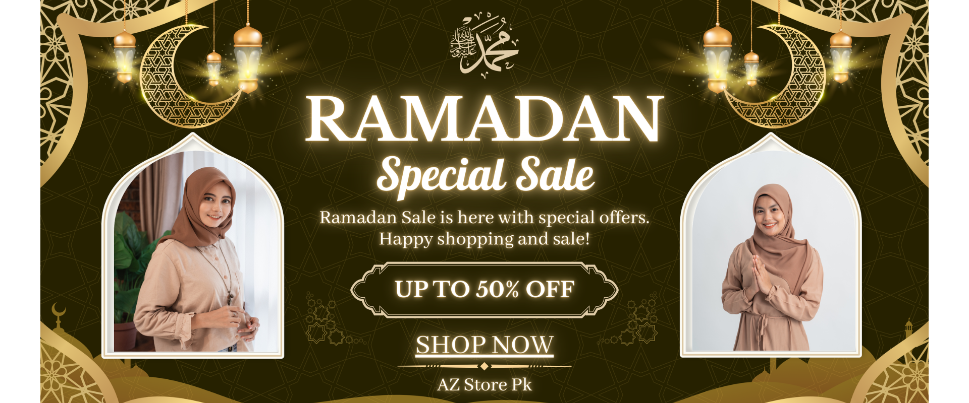 Promotional banner for Ramadan Special Sale with decorative elements and a woman in hijab.