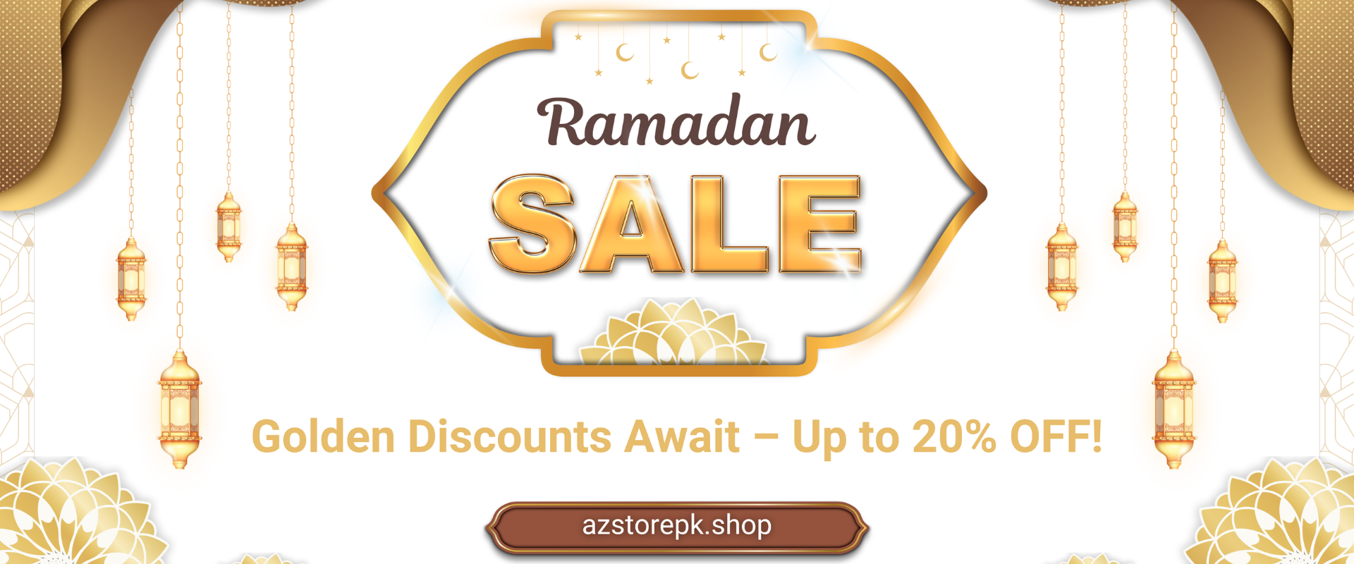 Promotional banner for Ramadan sale with gold text and decorative elements on a white background.
