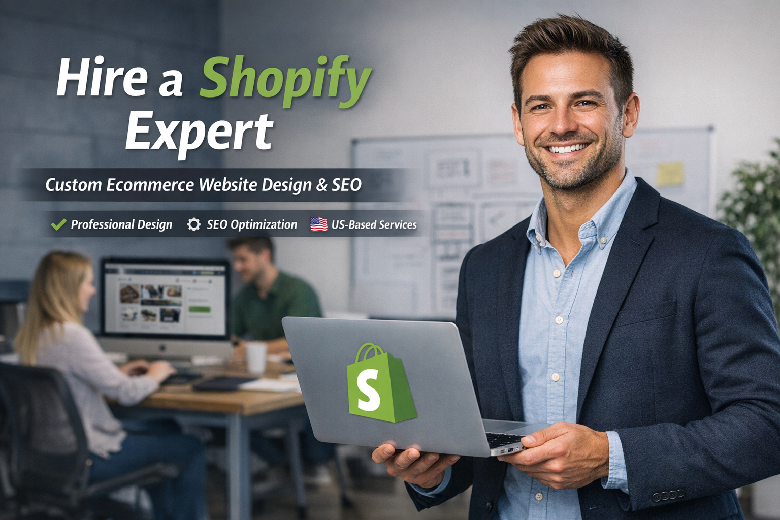 A confident Shopify expert smiling and holding a laptop displaying 