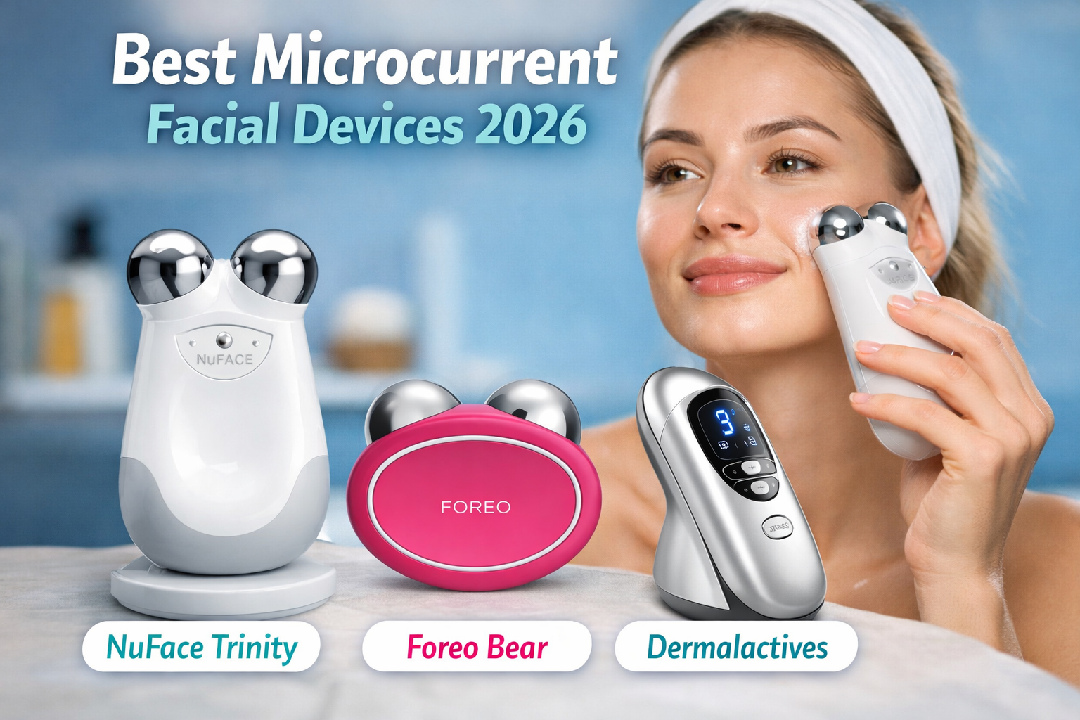 A woman uses a  microcurrent facial device