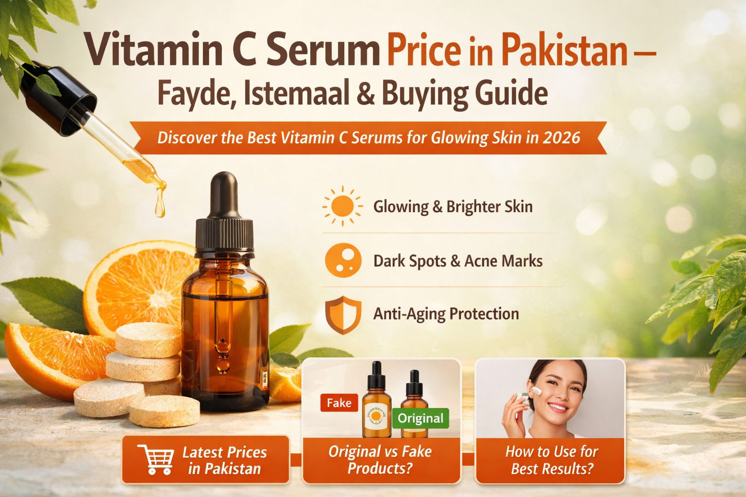 Vitamin C serum price in Pakistan blog image showing amber dropper bottle with vitamin C serum
