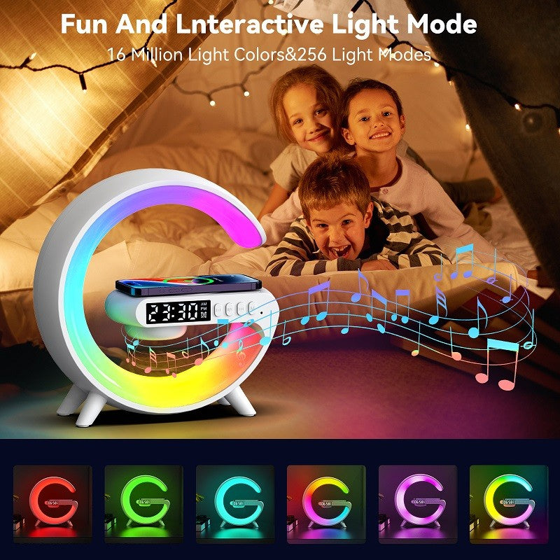 Children playing with a colorful LED clock and light display in a bedroom setting.