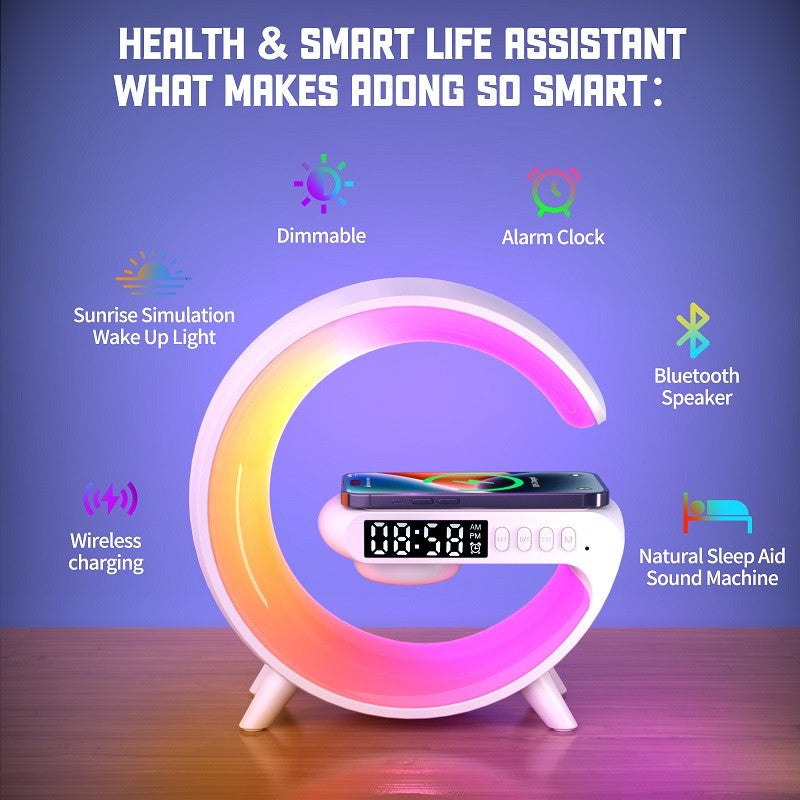Multifunctional device with colorful crescent design on a wooden surface against a blue background