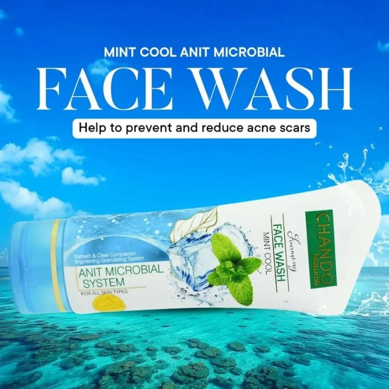 Chandni Mint Cool Ant Microbial Face Wash bottle with ocean background