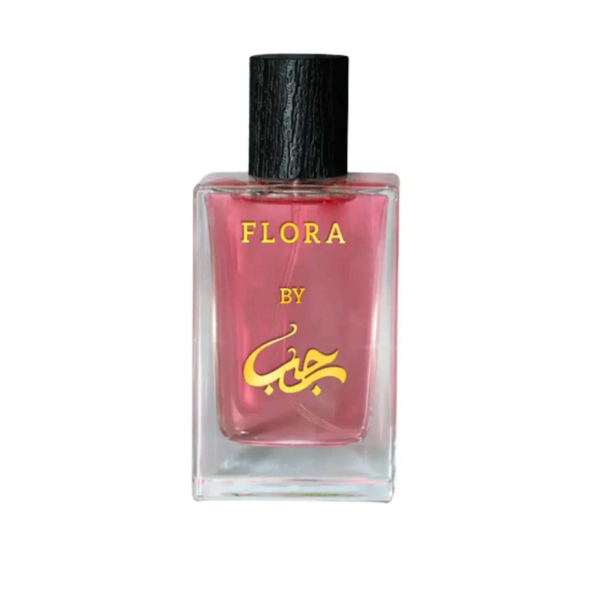 Perfume bottle labeled 'Flora by' on a white background