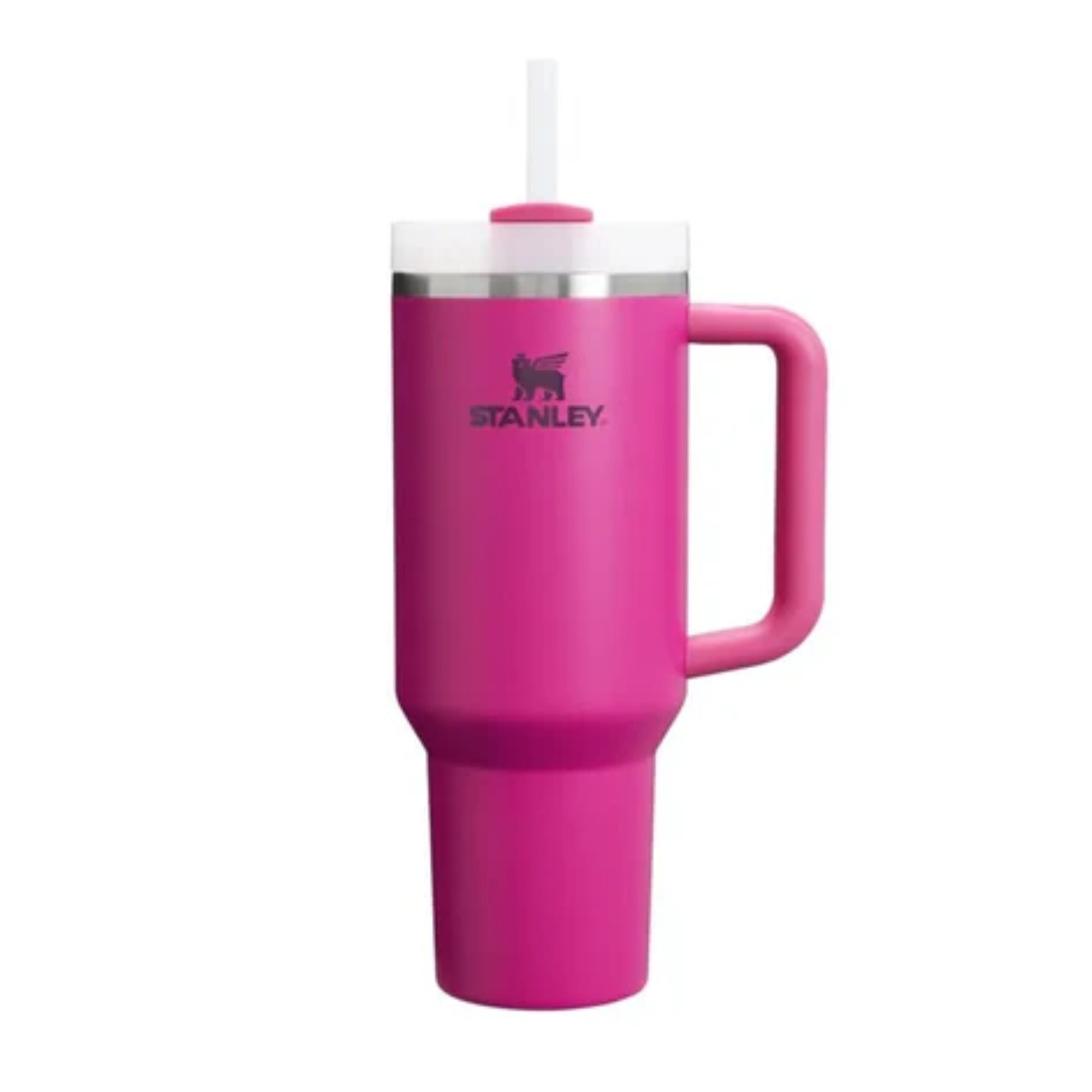 Pink Stanley mug with handle and straw on a white background