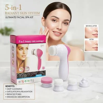 Facial massage device with packaging and before/after effects on a woman's skin.