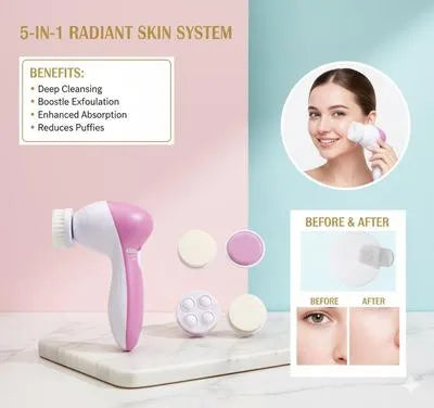 Beauty device with benefits listed on a pink and blue gradient background