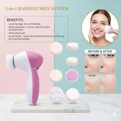 5-in-1 radiant skin system with benefits and before-and-after effects on a white background