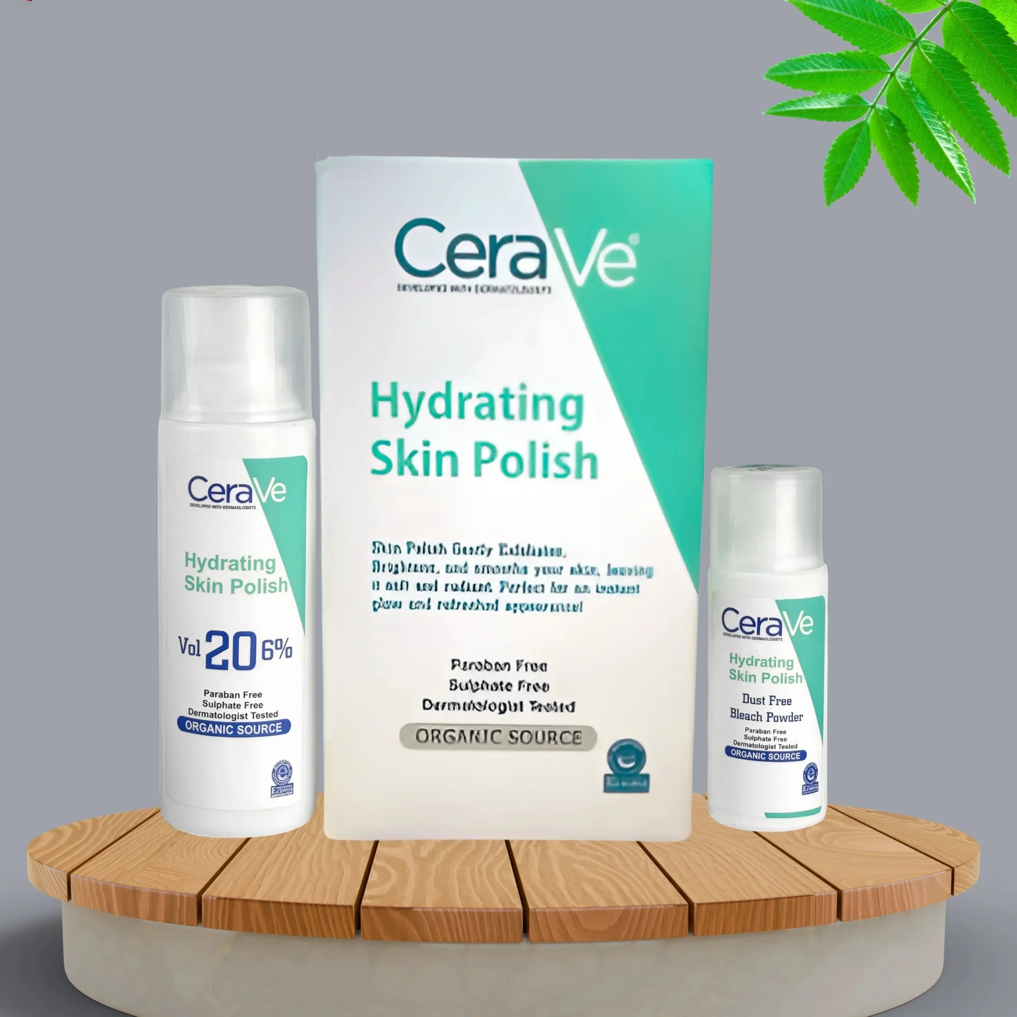 CeraVe Hydrating Skin Polish with packaging on a wooden stand against a gray background