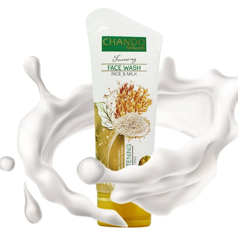 Chando Naturals face wash tube with rice and milk ingredients on a white background