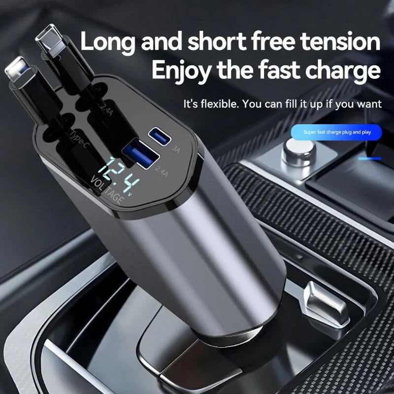 4-in-1 Retractable Car Charger | Dual USB & USB-C PD Fast Charging, 100W
