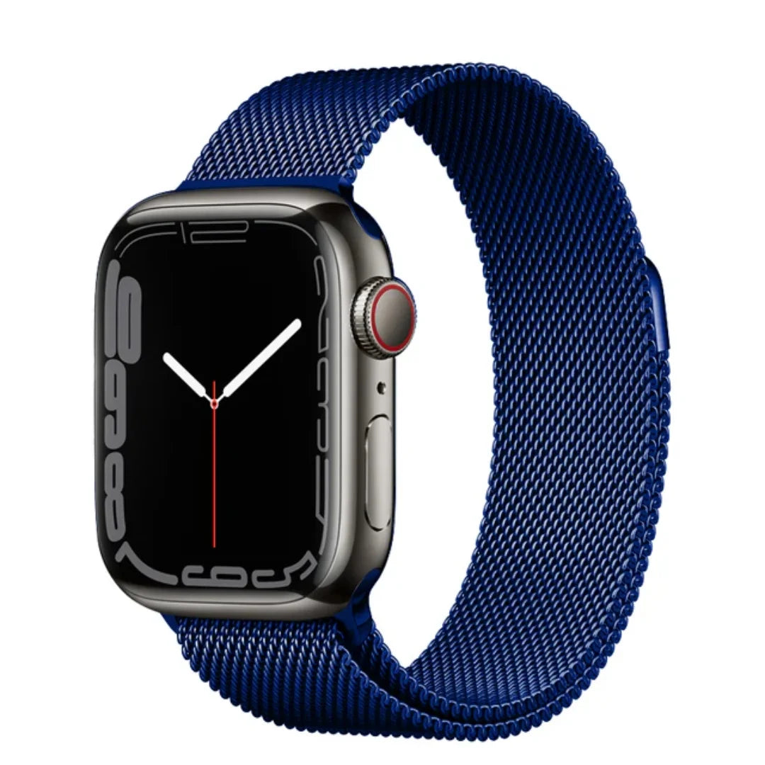 Smartwatch with a blue Milanese loop strap on a white background