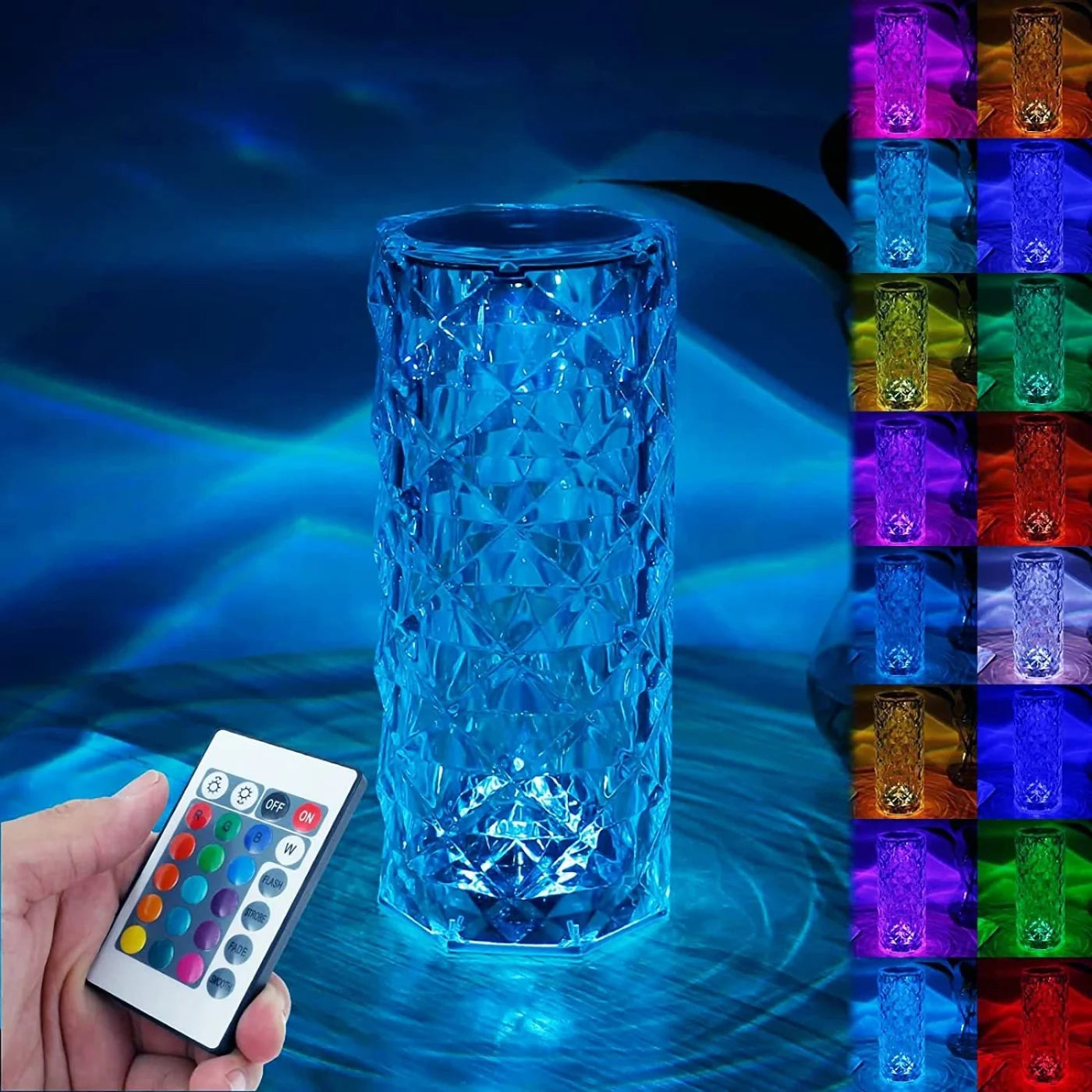 Color-changing LED vase with remote control on a dark background