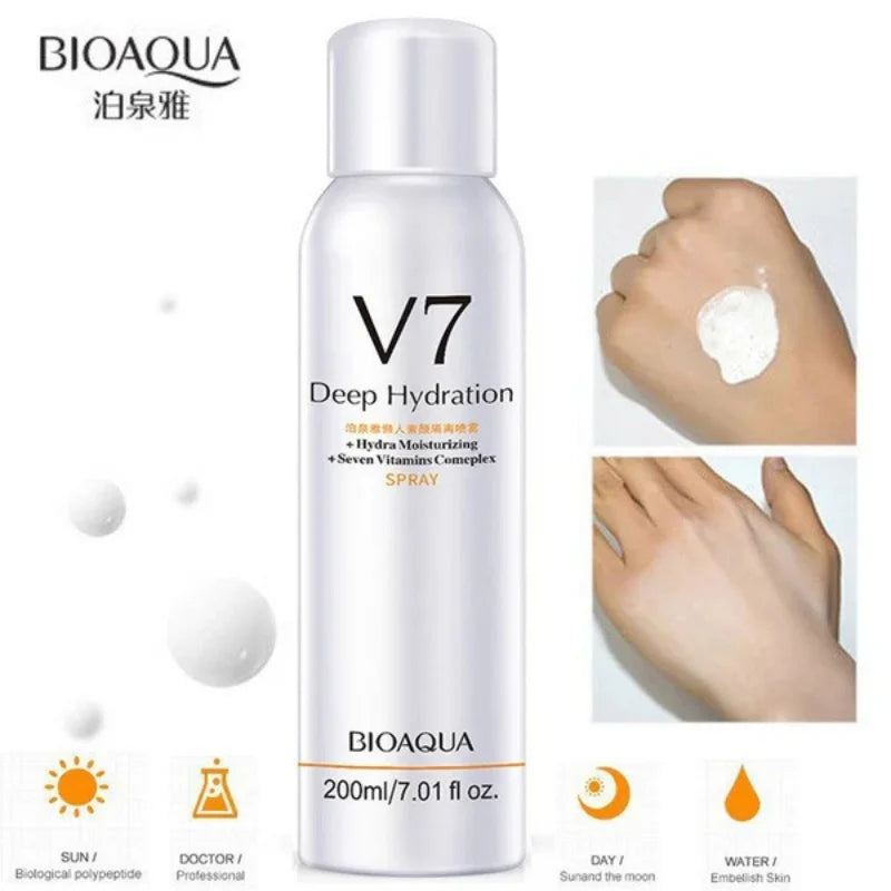 BIOAQUA V7 Deep Hydration spray bottle with product application on hands.