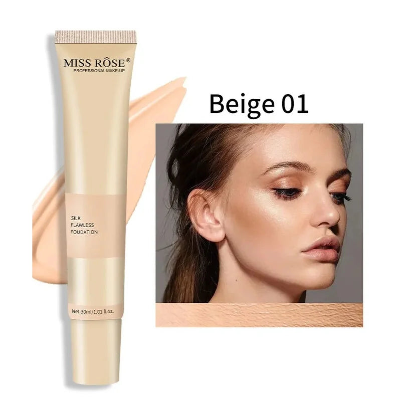Miss Rose foundation tube with a model wearing the product, labeled 'Beige 01'.