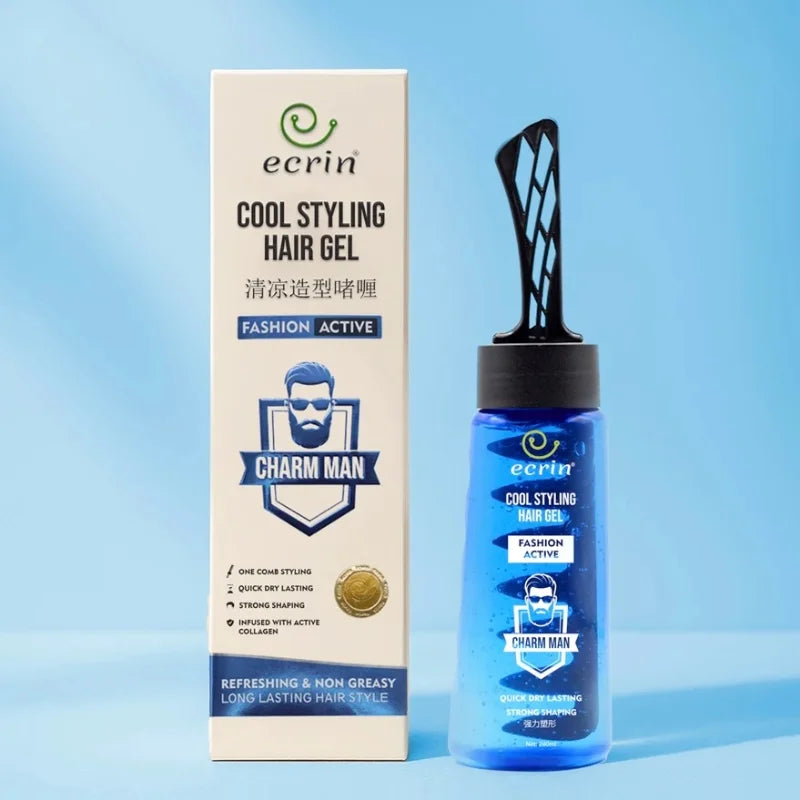 Ecrin Cool Styling Hair Gel bottle and packaging on a blue background