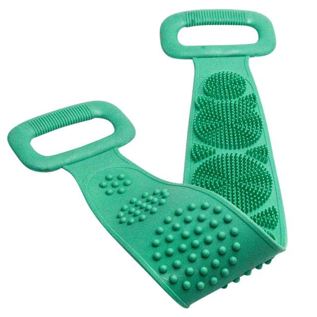 Green rubber cleaning brush with handle on a white background
