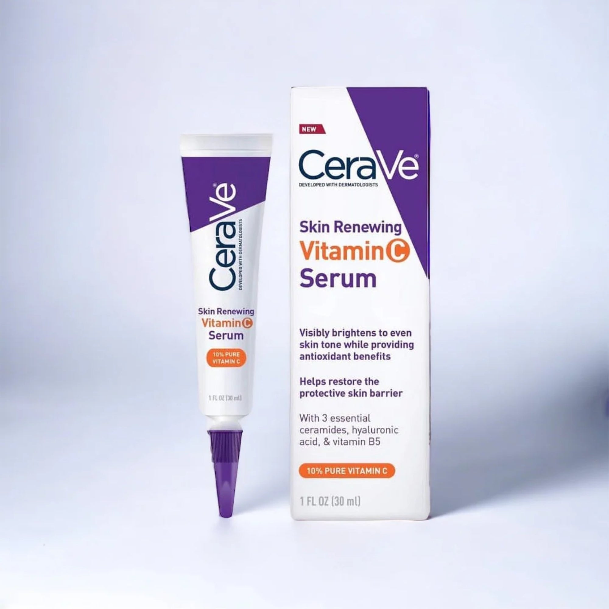CeraVe Skin Renewing Vitamin C Serum packaging on a light gray background