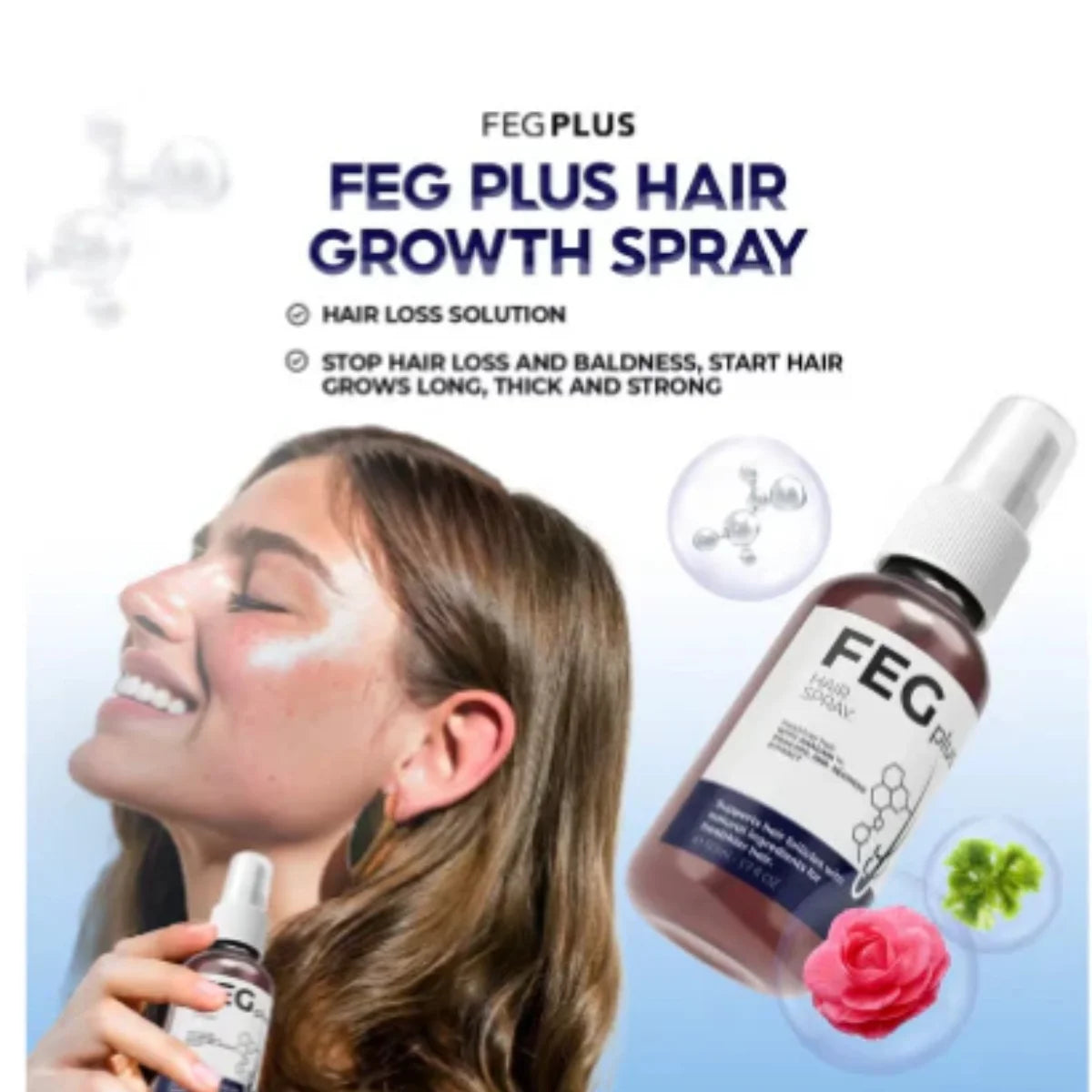 FEG Plus hair growth spray with a woman using it on her face against a light blue background