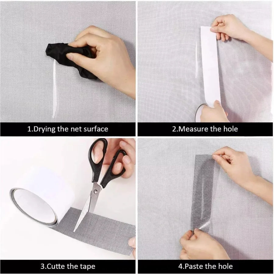Step-by-step process of repairing a net surface with tape and scissors.