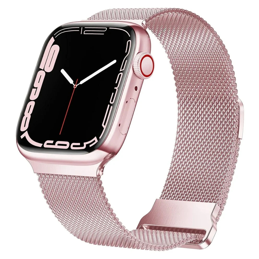Smartwatch with a pink mesh band on a white background