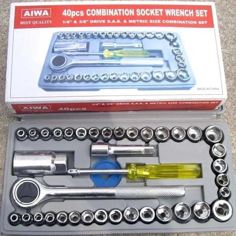 AIWA combination socket wrench set with tools and packaging on a gray surface