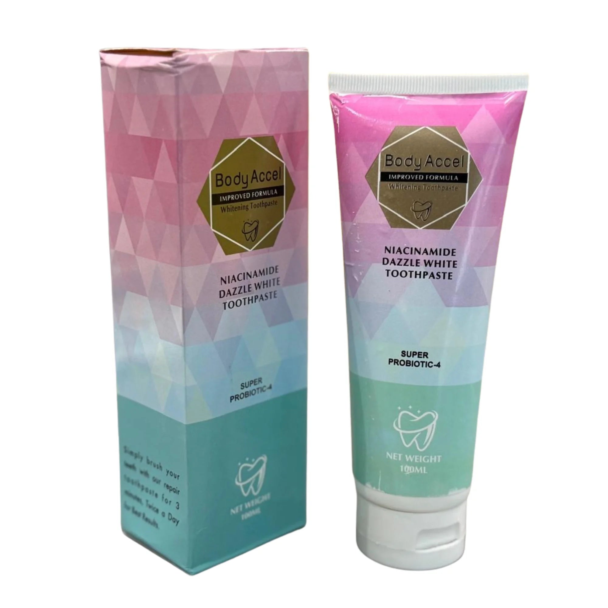 Body Aceel Niacinamide Dazzle White Toothpaste packaging on a white background
