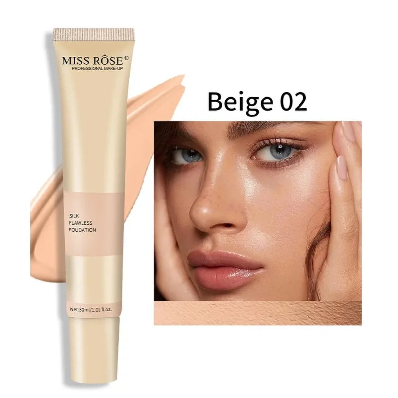 Miss Rose foundation tube with a close-up of a woman's face wearing the beige color.