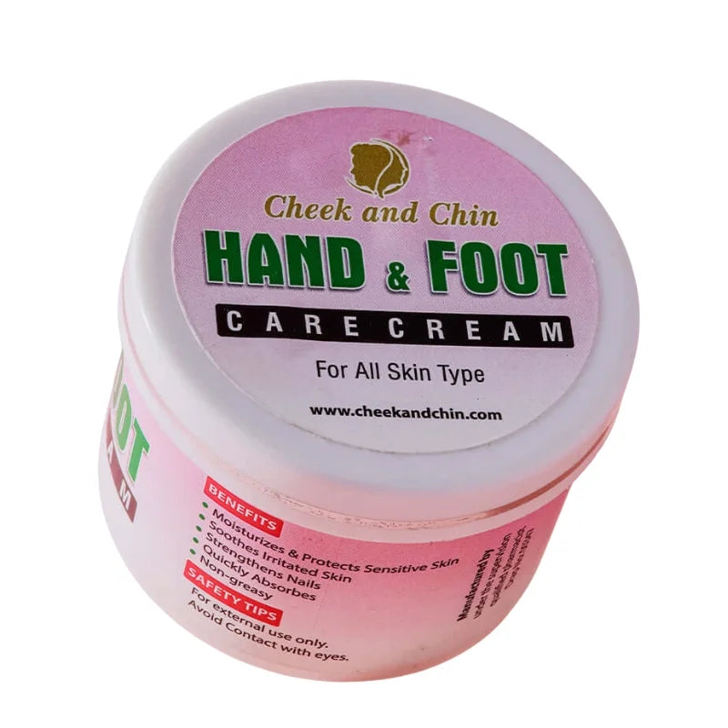 Pink jar of 'Hand & Foot Care Cream' by Cheek and Chin on a white background
