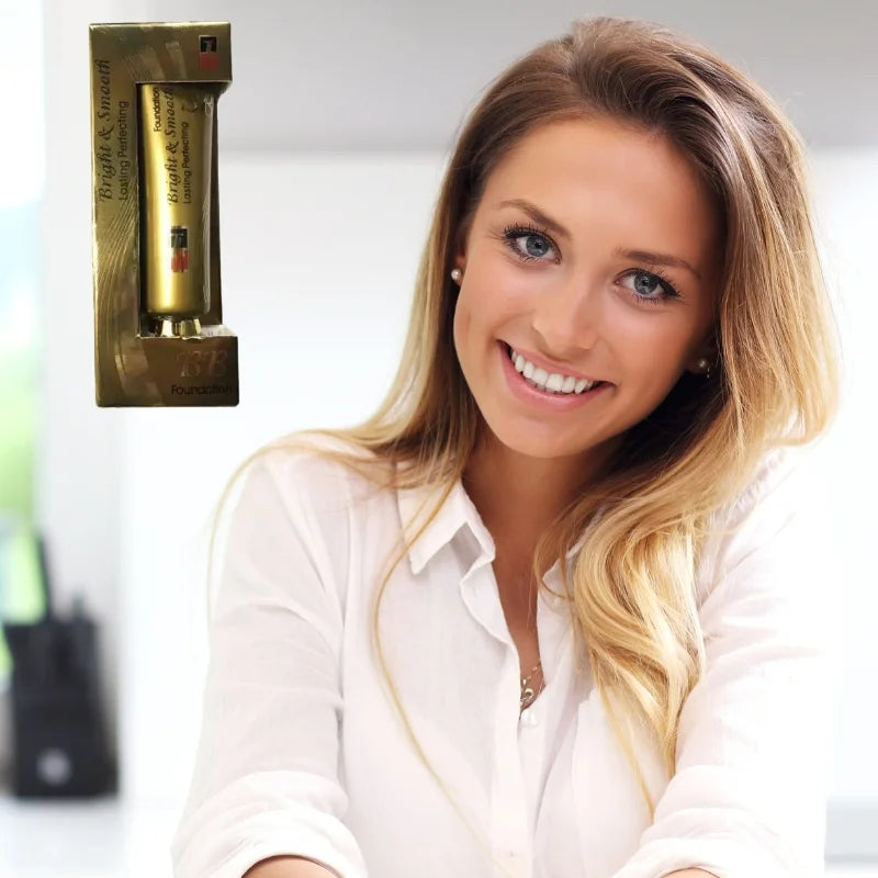 Woman with blonde hair and a white shirt next to a gold product on a white background