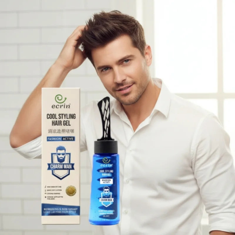 Man posing with a bottle and box of 'Charm Man' cool styling hair gel.