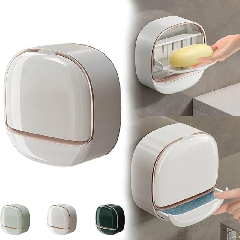 Milky White | Self-Adhesive Wall-Mounted Luxury Soap Holder with Lid and Drainage Tray