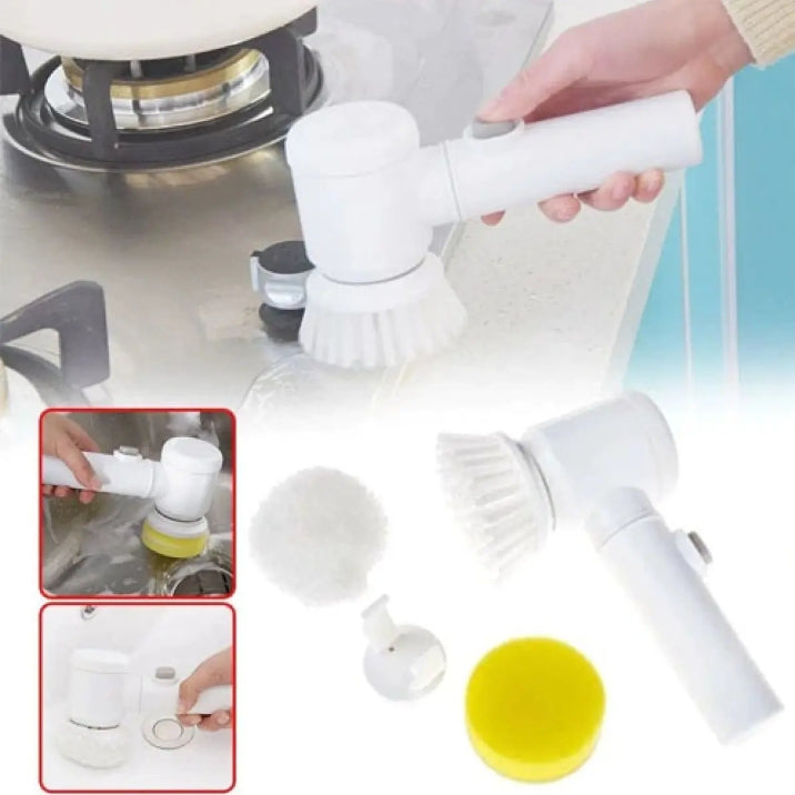 White kitchen cleaning brush set with attachments on a kitchen counter.