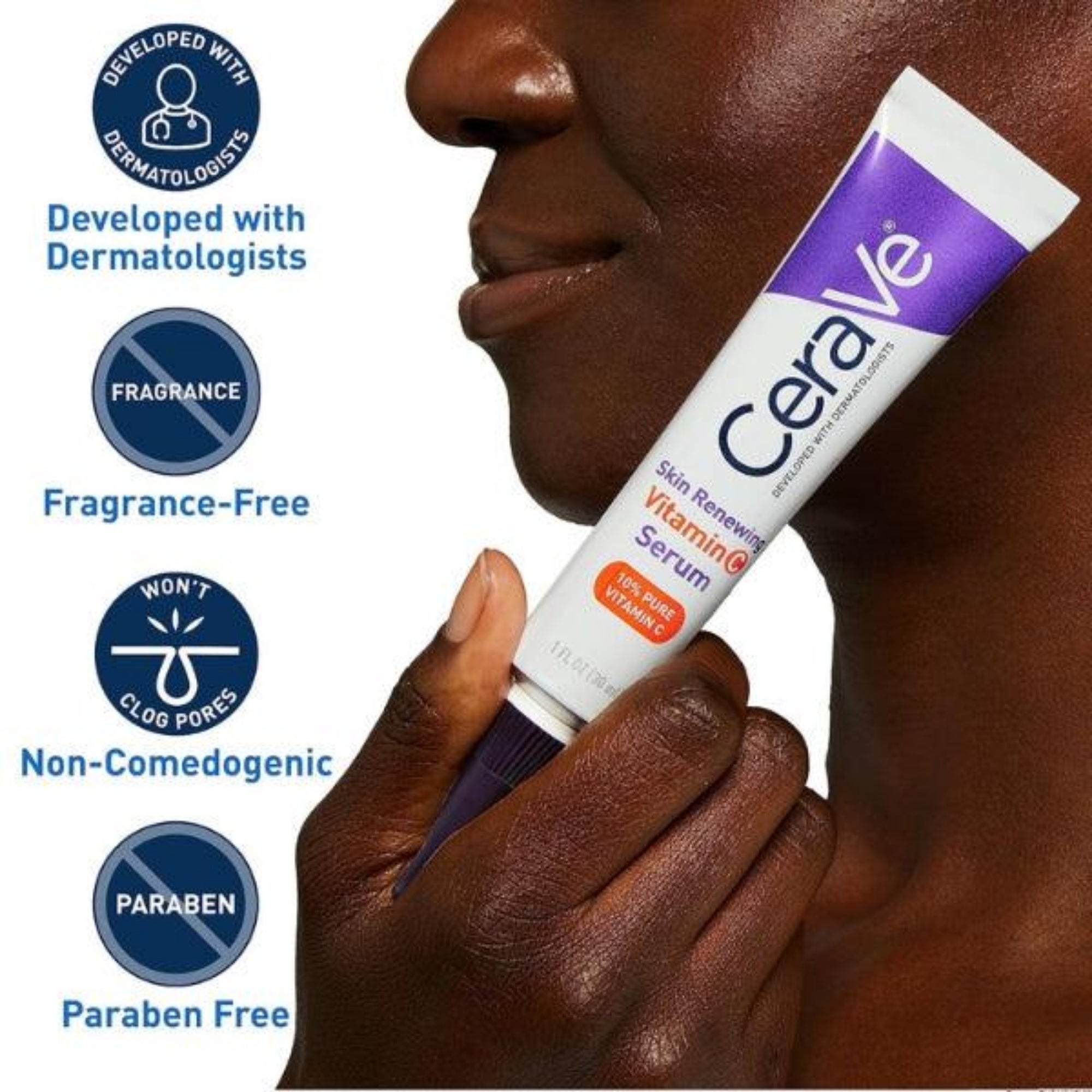 CeraVe skin serum tube held by a hand with product features listed.