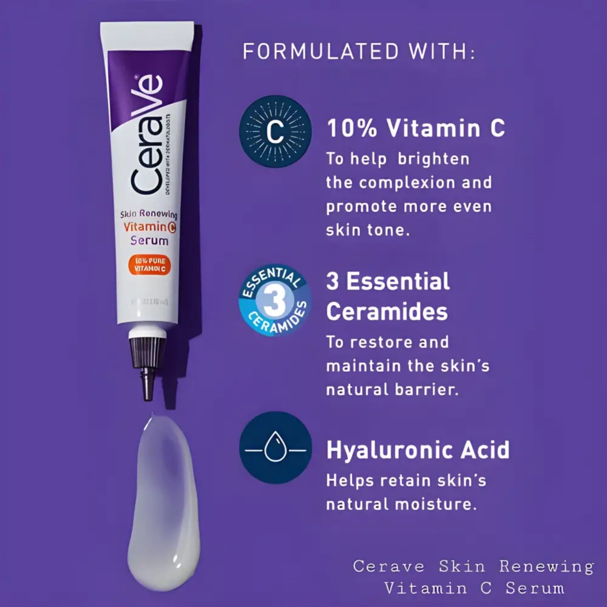 Cerave Skin Renewing Vitamin C Serum with ingredients listed on a purple background
