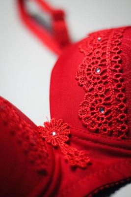 Red bra with lace detailing on a white background