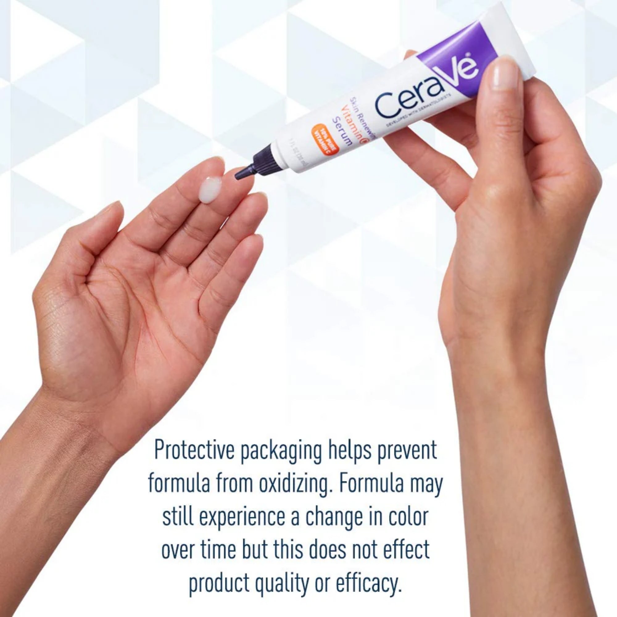 CeraVe tube being applied to a hand with text about protective packaging.