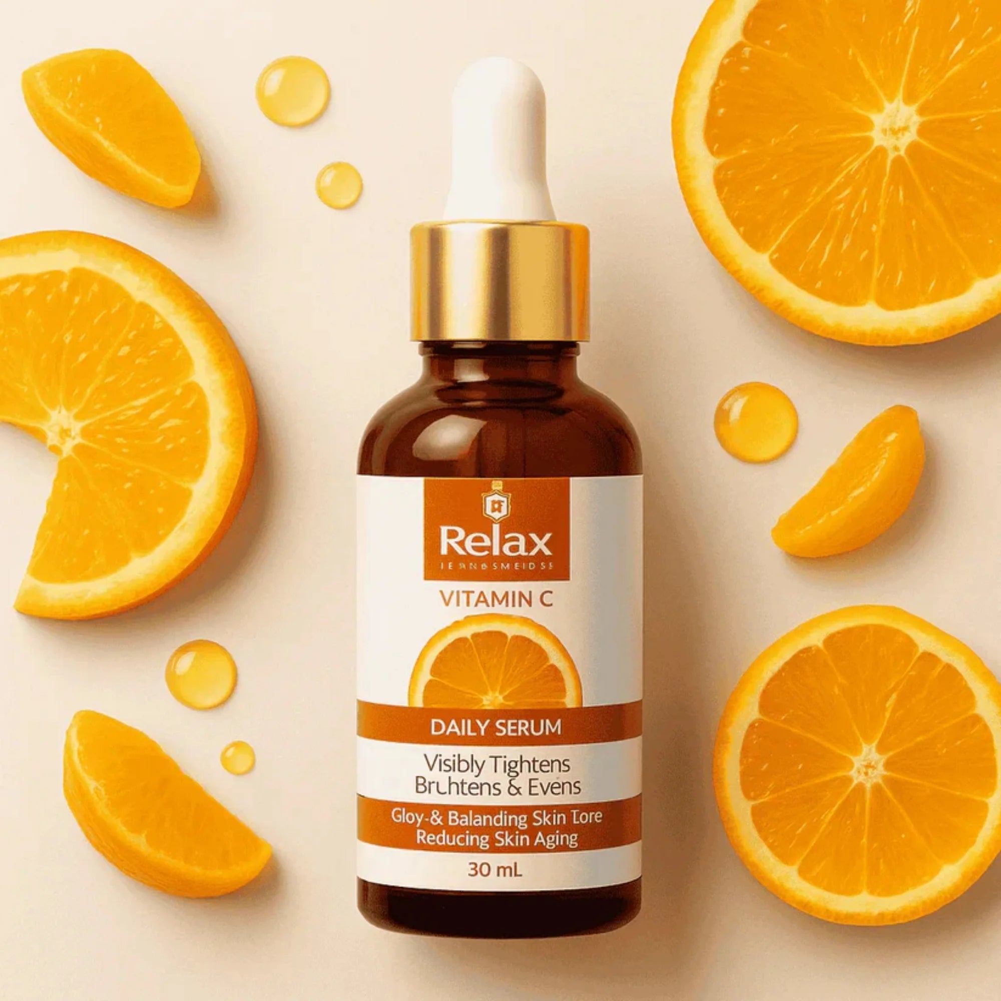 Relax Vitamin C daily serum bottle with oranges on a beige background