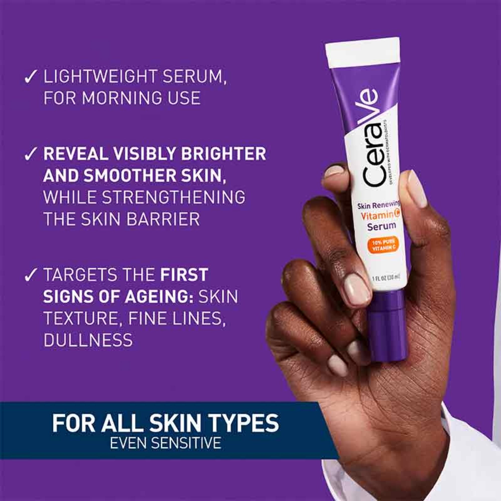 CeraVe serum tube held by a hand with promotional text on a purple background