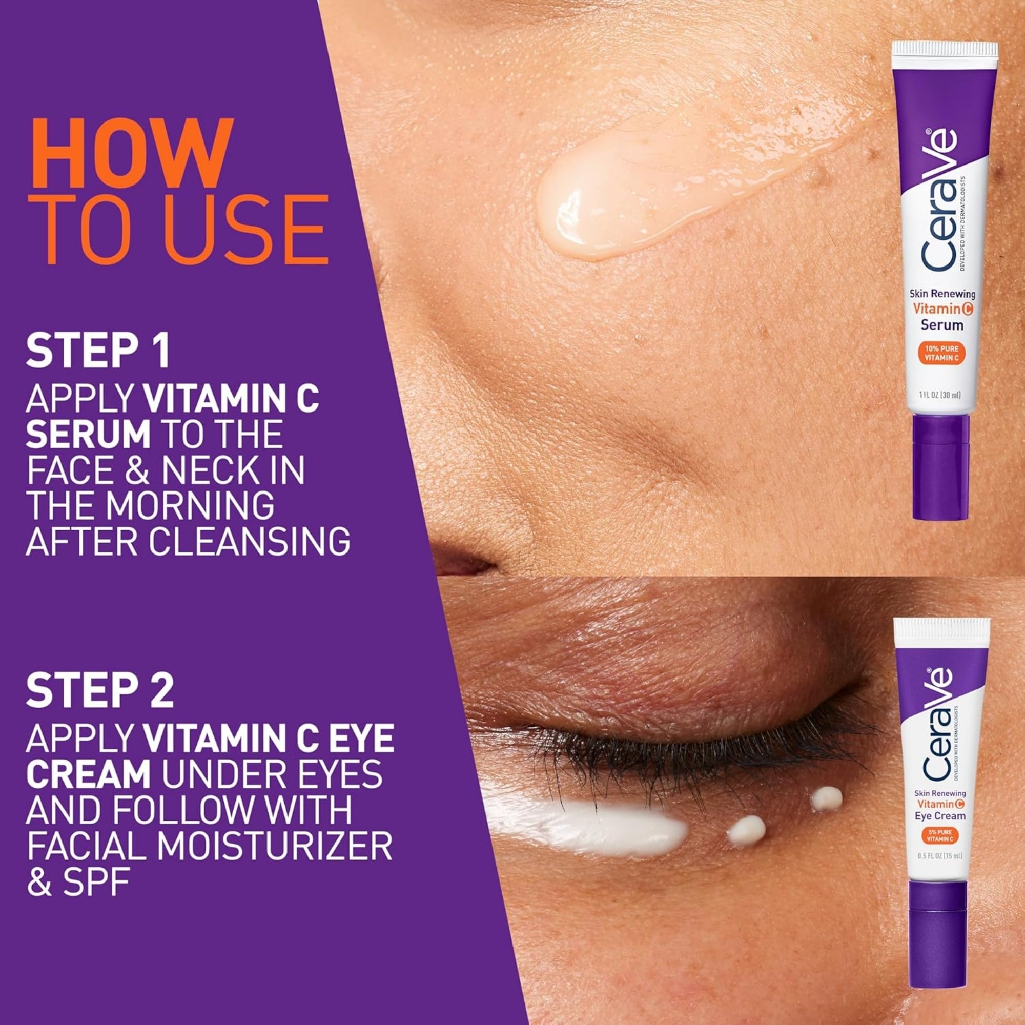 CeraVe vitamin C serum usage guide with close-up of skin application.