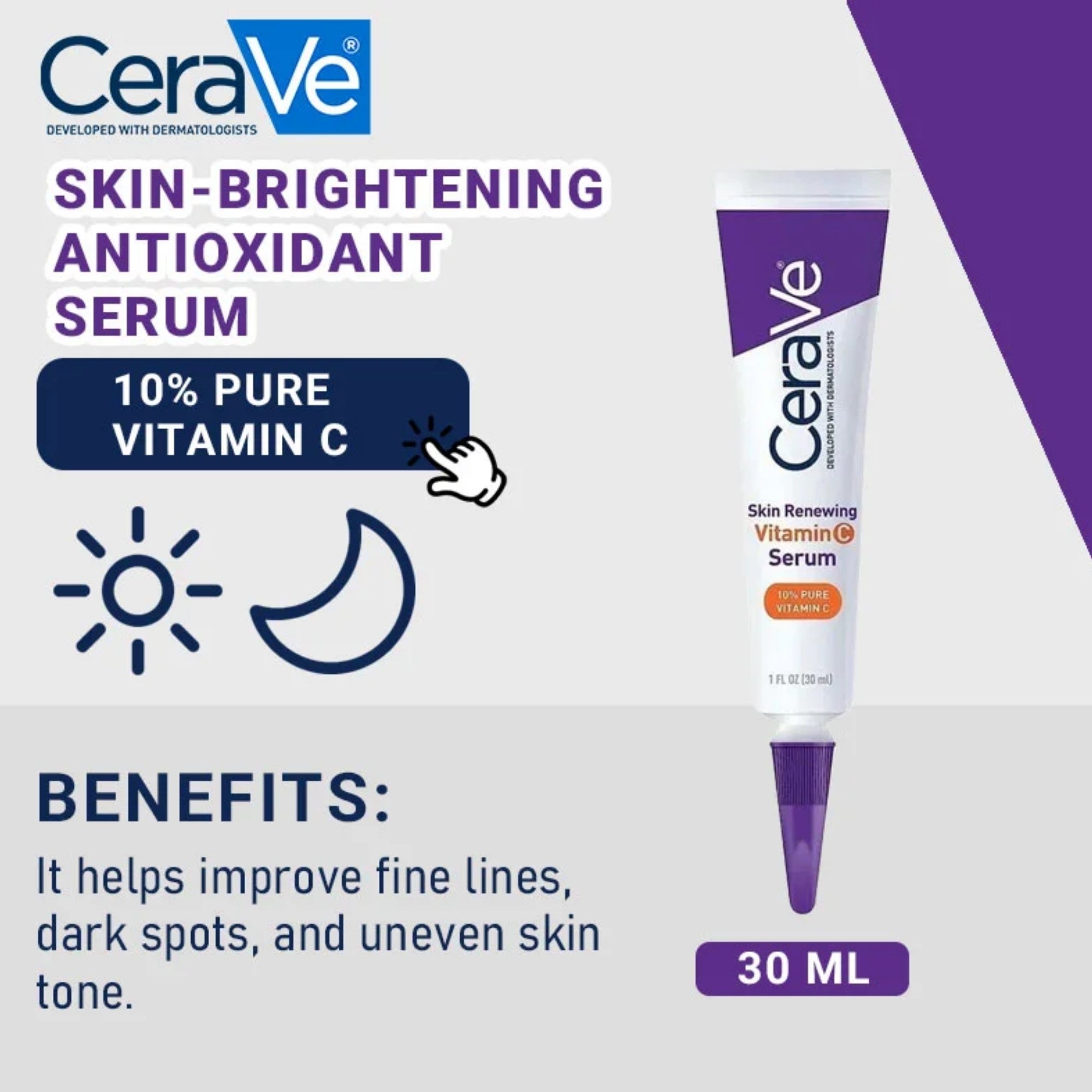 CeraVe skin-brightening antioxidant serum with benefits highlighted on a white background