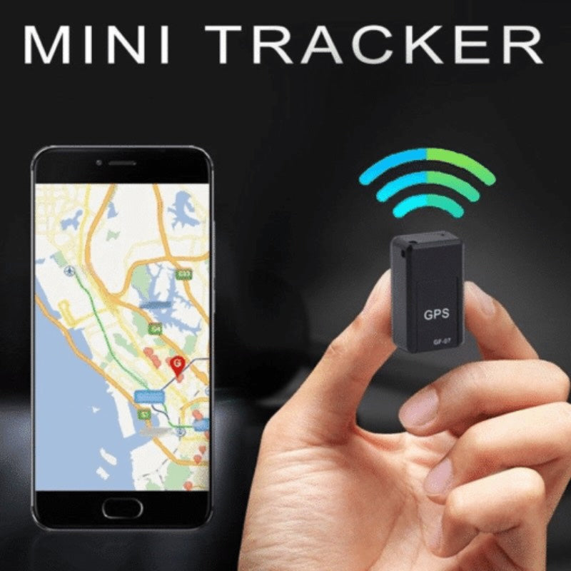 Mini GPS tracker held by a hand with smartphone displaying map and GPS icon.