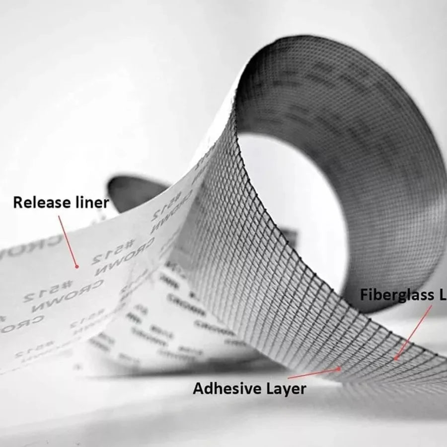 Roll of fiberglass tape with labeled layers on a white background
