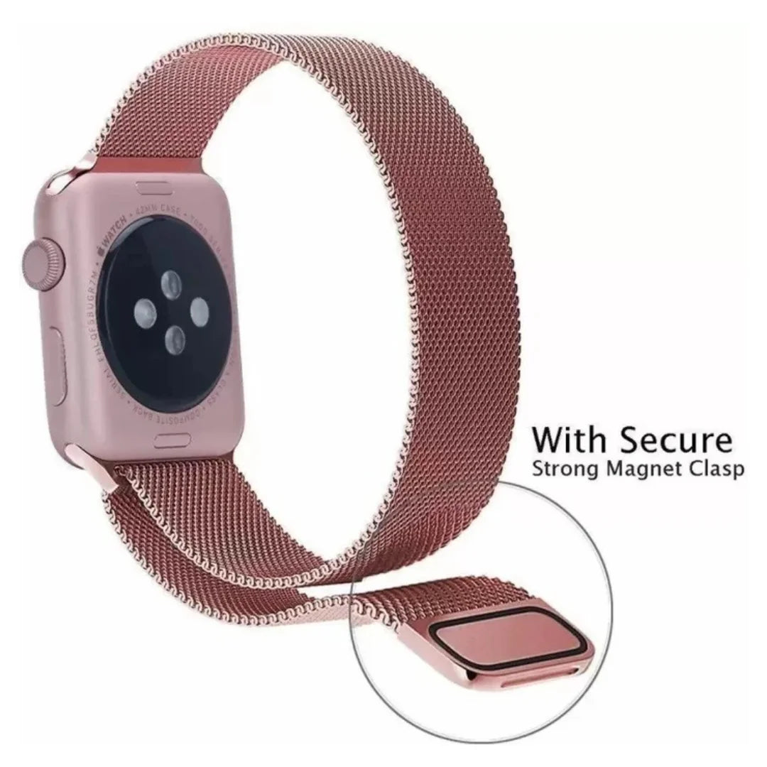 Smartwatch with a rose gold mesh band on a white background