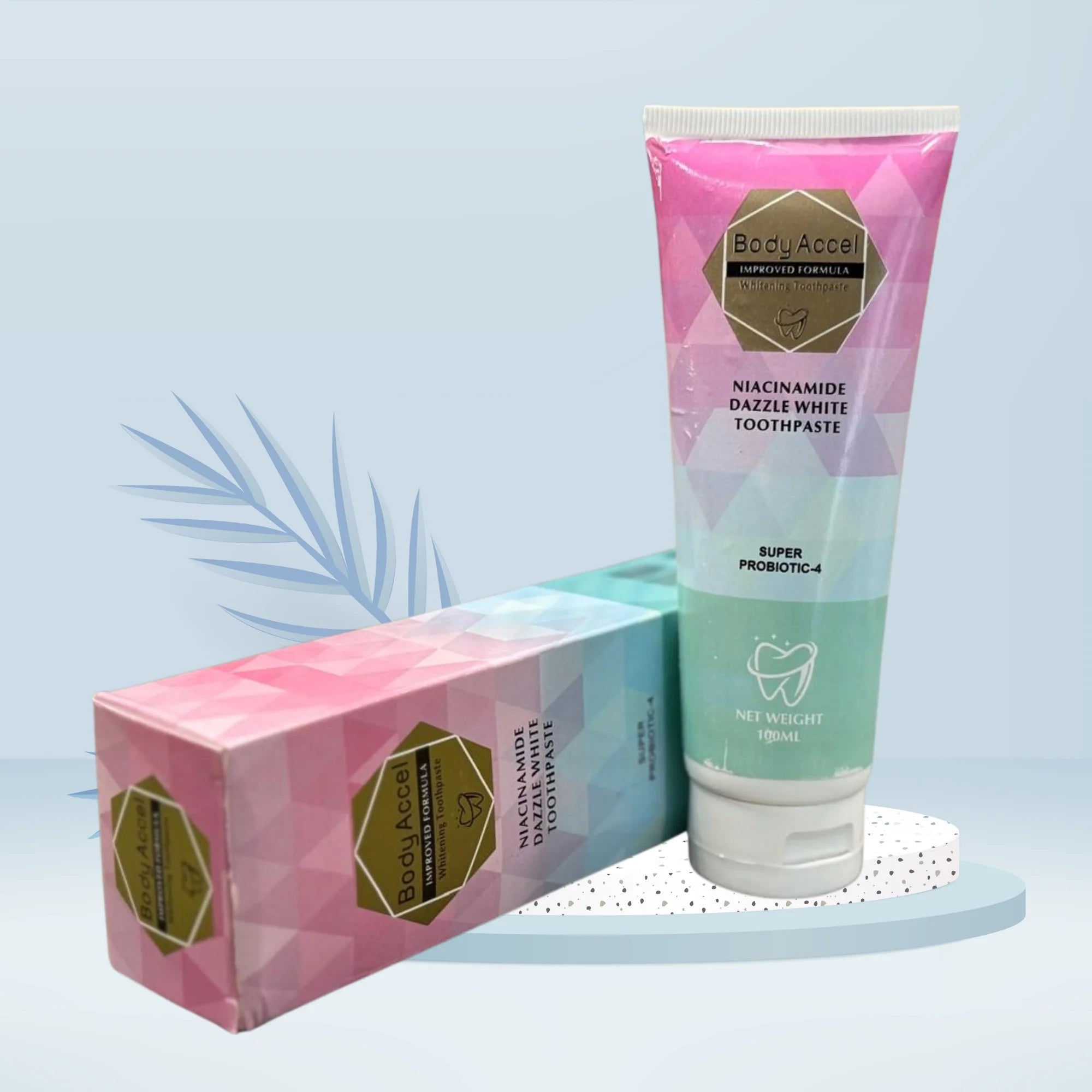 Tube and box of Niacinamide Dazzle White Toothpaste on a light blue background