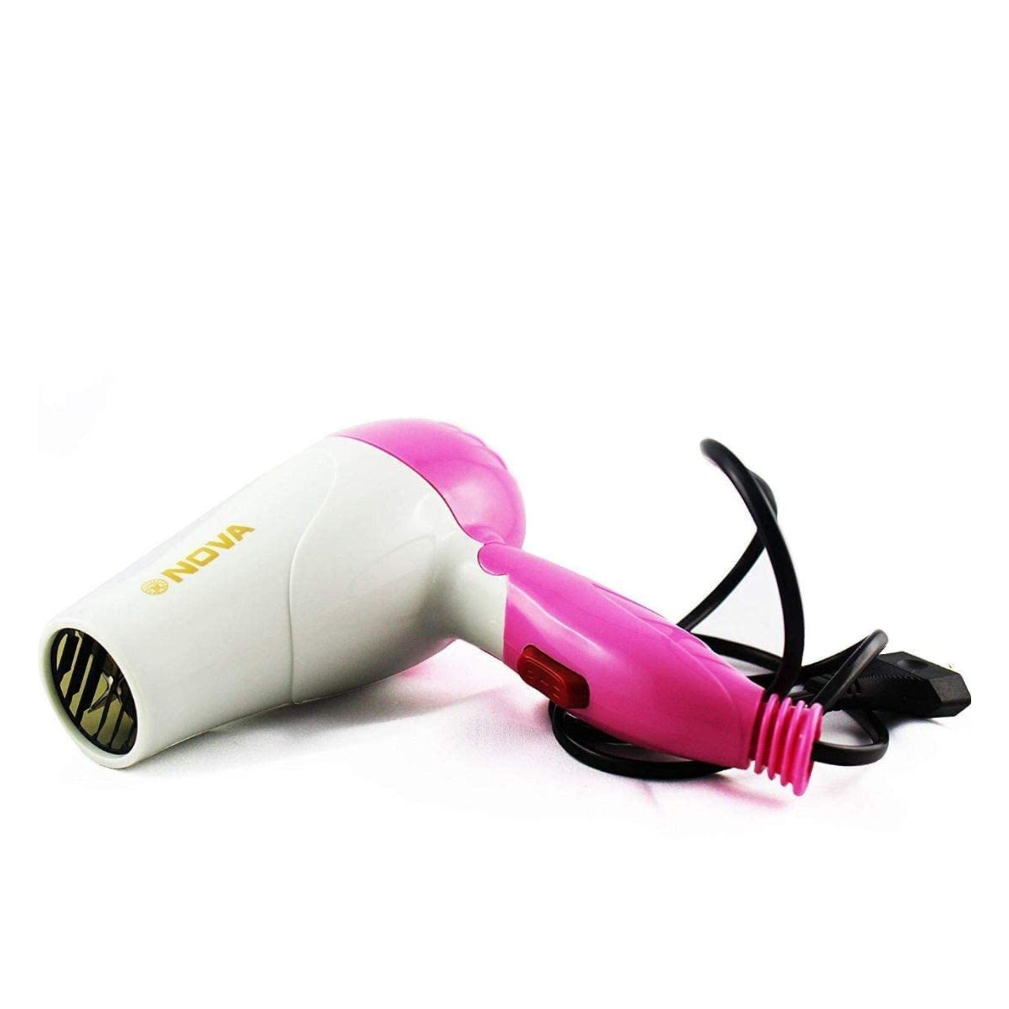 White and pink hair dryer with a clip on a white background
