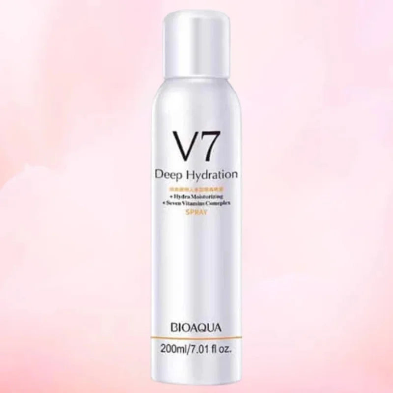 V7 Deep Hydration spray bottle on a pink gradient background