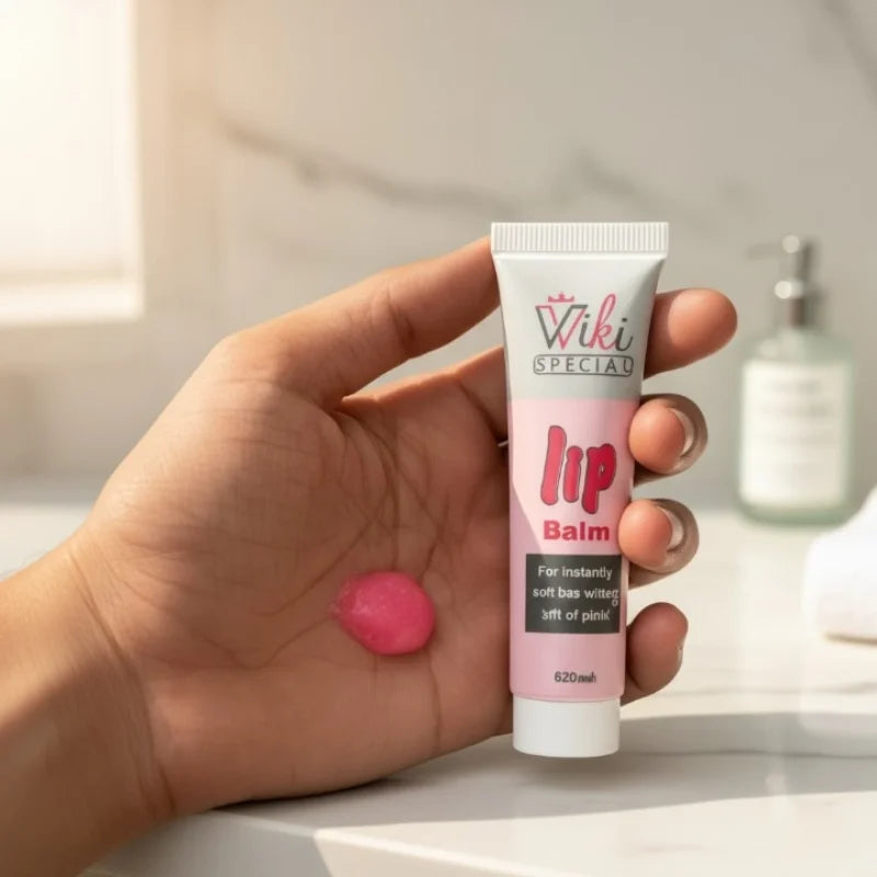 Hand holding a tube of lip balm labeled 'Wiki Special' with a small amount on the palm.
