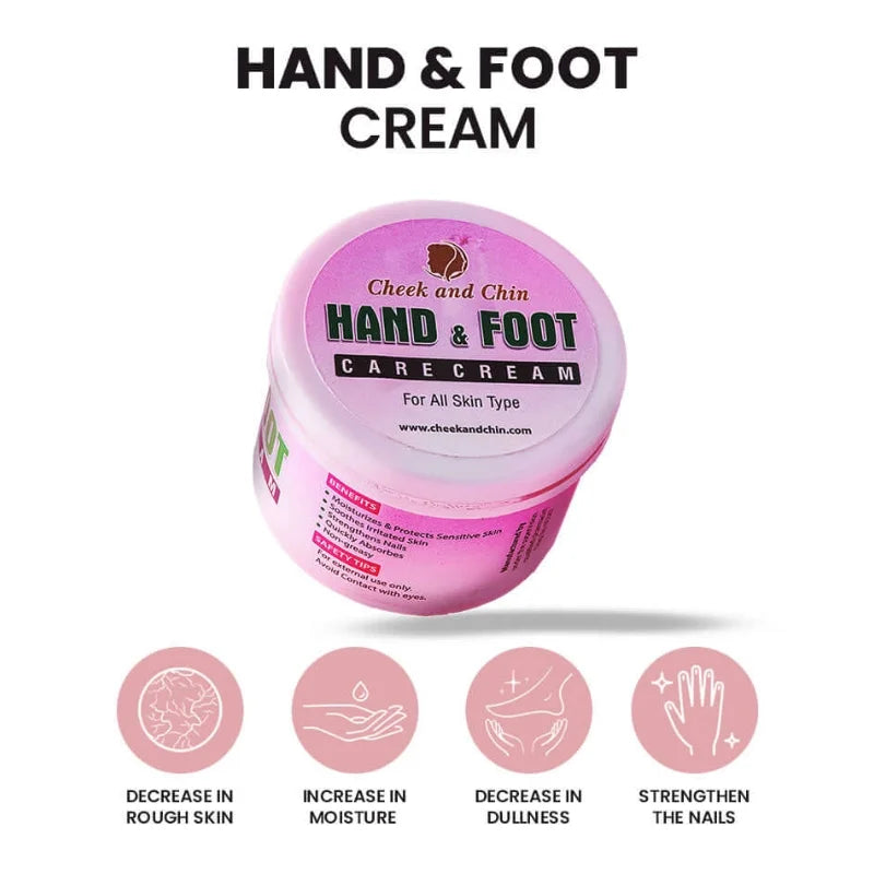 Pink jar of hand and foot care cream with text and icons on a white background
